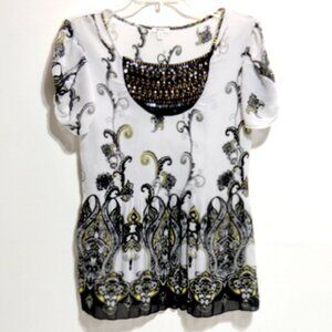 Nicola Women's White Paisley Round Neckline with Sequins Short Sleeve Top – M